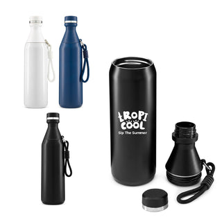 Sabrina Bottle - A drink bottle set featuring a white, navy blue, and black bottle with a logo and removable cap.