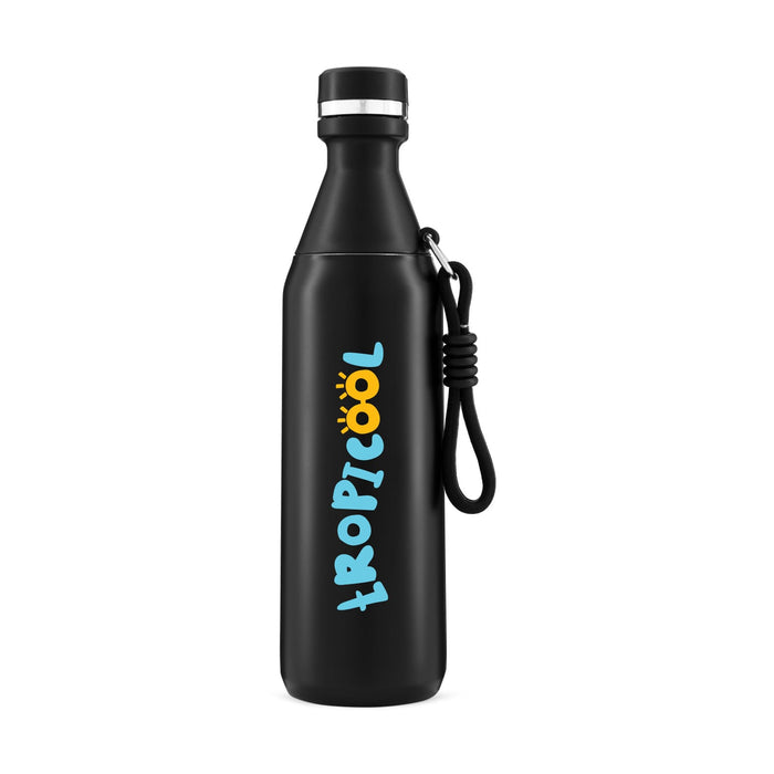 Sabrina Bottle - A drink bottle in black with a streamlined design and a logo. It features a removable strap for convenience.
