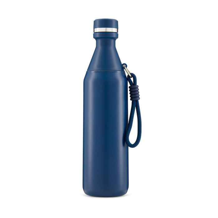 Sabrina Bottle - A drink bottle in navy blue, featuring a sleek design and a carrying strap, with a logo on the surface.