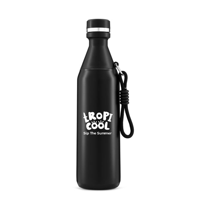 Sabrina Bottle - A drink bottle in matte black with a sleek design, featuring a logo and an attached strap.