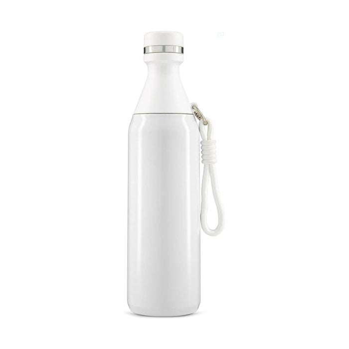 Sabrina Bottle - A drink bottle in white with a silver cap and a strap. It features a simple, sleek design and a logo.