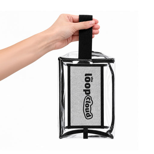 Laynie Clear Cosmetic Bag - A clear cosmetic bag with a black handle and a branded logo, held by a hand.