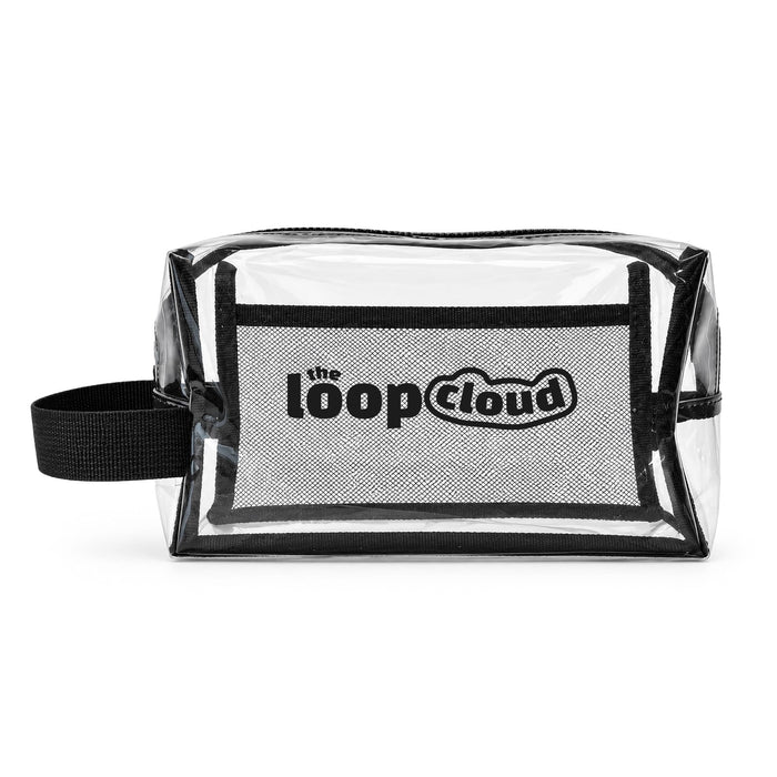 Laynie Clear Cosmetic Bag - A clear cosmetic bag with a black mesh compartment and a black handle, featuring a logo on the front.