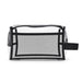 Laynie Clear Cosmetic Bag - A clear cosmetic bag with black trim and mesh detailing, featuring a zip closure and a side handle.