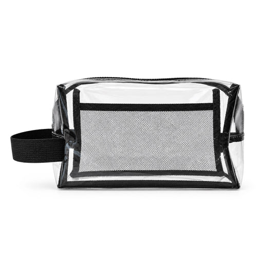 Laynie Clear Cosmetic Bag - A clear cosmetic bag with a black mesh panel and a black handle. It features a zip closure and a simple design.