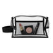 Laynie Clear Cosmetic Bag - A clear cosmetic bag in black trim, featuring lipstick, eyeshadow, and mascara inside.