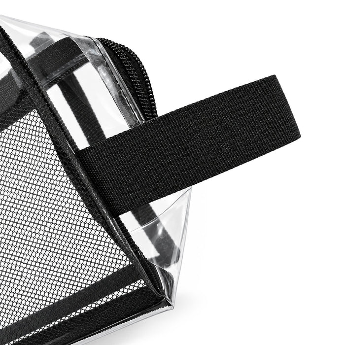 Laynie Clear Cosmetic Bag - A clear cosmetic bag with a black mesh detail and a black strap. It features a zip closure.