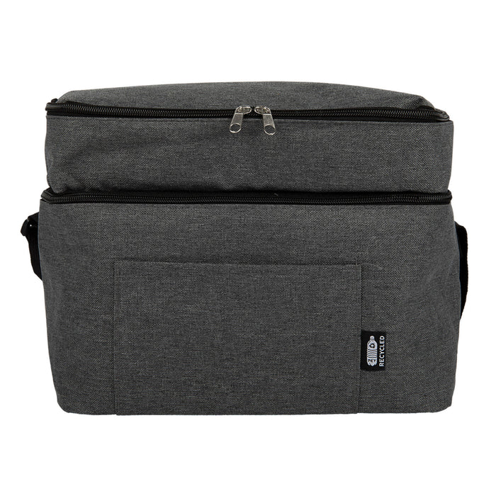 The Wine & Unwind - A grey cooler bag with a zippered top compartment and a front pocket, featuring a logo.