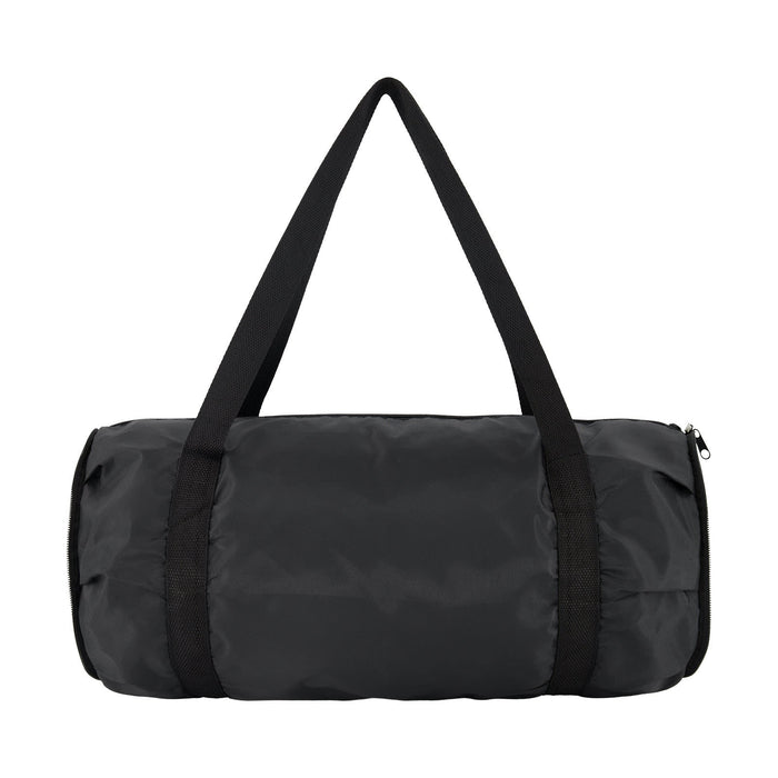 The Hustle Pack - A black duffle bag with dual carrying straps and a zippered closure, featuring a branding logo.