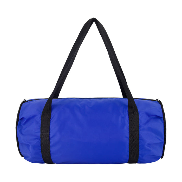 The Escape Pack - A blue duffle bag with black straps, featuring a simple design and a branding logo.