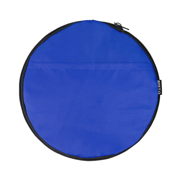 The Hustle Pack - A round blue duffle bag with a black zip and a logo on the side.