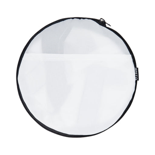 The Escape Pack - A round, mesh bag with a black zipper and trim, featuring a transparent white exterior.