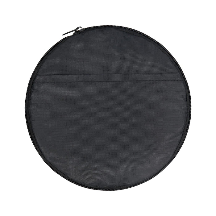 The Game Day Pack - A round, black duffle bag with a zip closure and a flat exterior pocket. It features a logo.