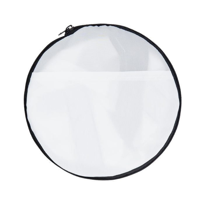 The Hustle Pack - A round, zippered bag in black and white mesh, featuring a transparent top and a pocket on the front.