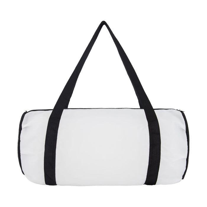 The Escape Pack - A white duffle bag with black straps and a zip closure, featuring a logo on the side.