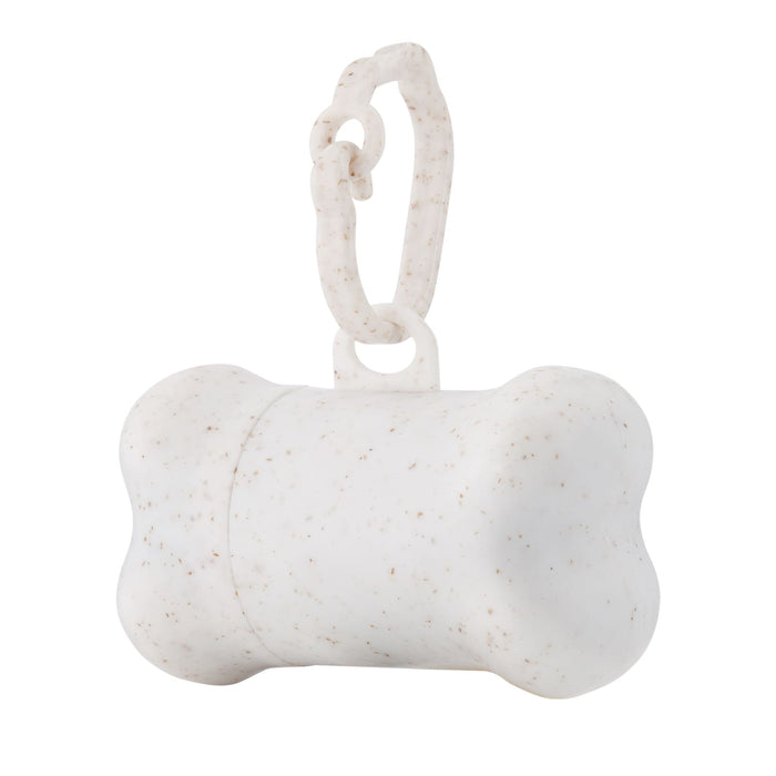 The Walkies Pack - A white bone-shaped dog waste bag dispenser with a clip attachment. It has a speckled texture.