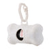 The Walkies Pack - A white bone-shaped dog waste bag dispenser with a black opening and a clip for attachment. Includes a logo.