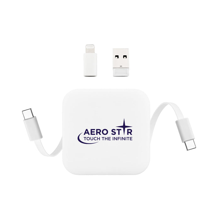 The Polished Traveller - A charging device in white with a retractable cable and USB connectors, featuring a logo.