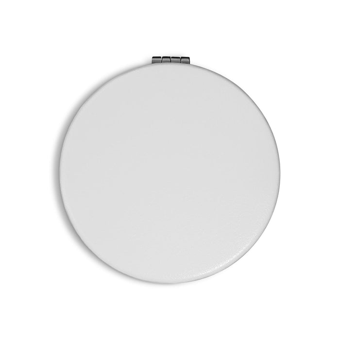 The Polished Traveller - A round white compact with a hinge, featuring a smooth surface and a reflective finish.