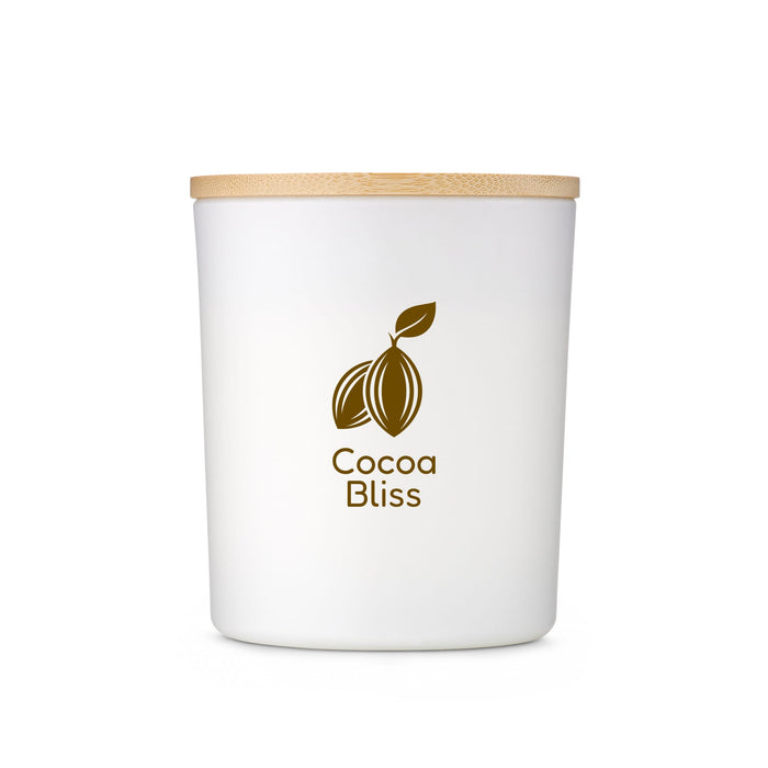 The Warm Welcome - A white jar with a bamboo lid, featuring a logo of cocoa beans and the words "Cocoa Bliss."