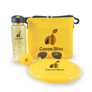 Bondi Beach Pack - A yellow cooler bag with a drink bottle, frisbee, ball, and sunglasses, all featuring a logo.