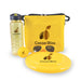 Bondi Beach Pack - A yellow cooler bag with a drink bottle, frisbee, ball, and sunglasses, all featuring a logo.