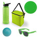 Bondi Beach Pack - A green cooler bag, a translucent green drink bottle, green sunglasses, a blue ball, and a green plate.
