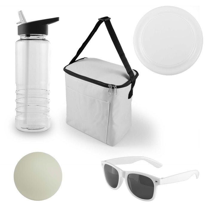 Bondi Beach Pack - A clear drink bottle, white cooler bag, a frisbee, a green ball, and white sunglasses.