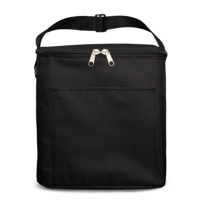 The Carry-On Graze - A black insulated cooler bag with a zippered top and a front pocket. It has an adjustable strap for easy carrying.