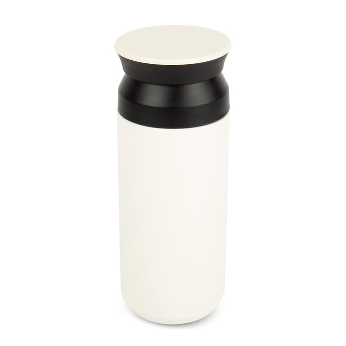 The Carry-On Graze - A drink bottle in white with a black band and lid, featuring a logo on the surface.