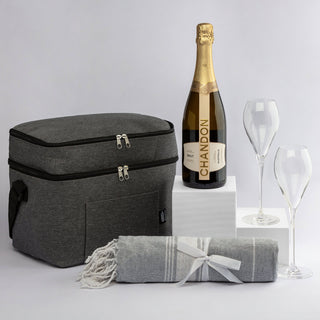 Bubbles & Beachdays - A grey cooler bag, champagne bottle, two glass flutes, and a grey blanket with white stripes. The bag features a logo.