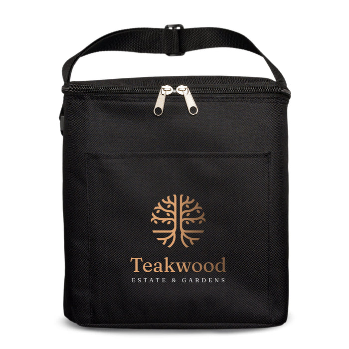The Pause Pack - A black insulated cooler bag featuring a front pocket and a logo on the front. It has a zip closure and handle.