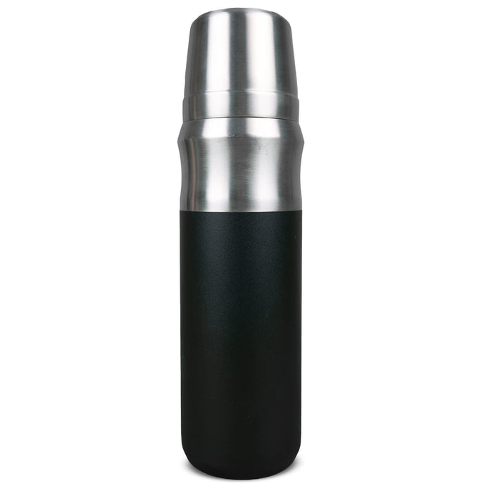 The Winter Warmer Pack - A drink bottle with a silver stainless steel top and a matte black base, featuring a logo.