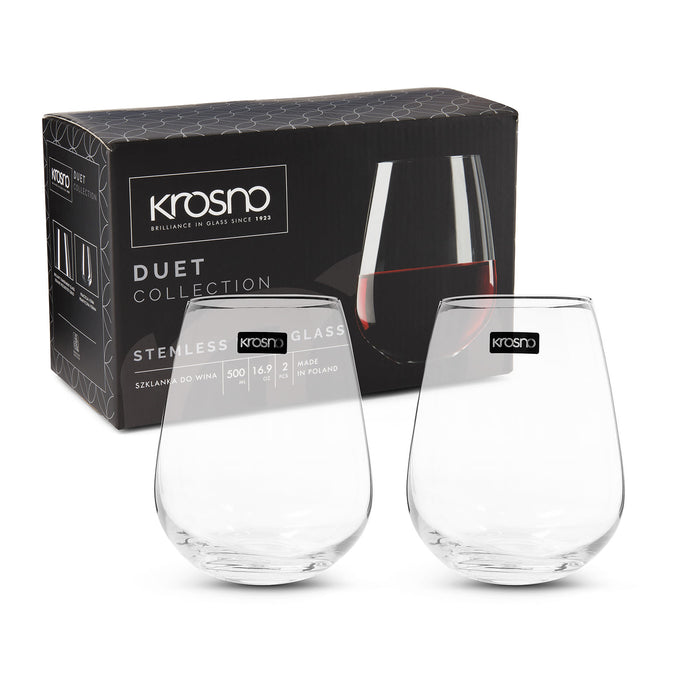 The Wine & Unwind - A set of two clear stemless wine glasses in front of a branded box, featuring a sleek design.