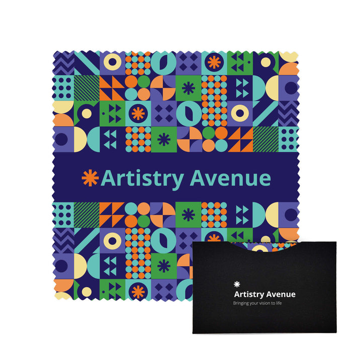 RPET Lens Cloth Set with Pouch - A patterned RPET lens cloth set in vibrant colours with a black pouch featuring branding.