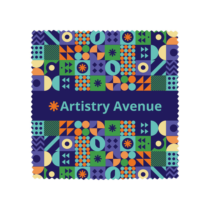 RPET Lens Cloth Set with Pouch - A patterned lens cloth featuring various geometric shapes in blue, green, orange, and yellow, with a branding logo.