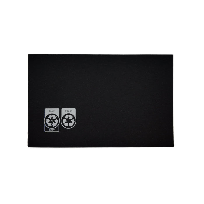 RPET Lens Cloth Set with Pouch - A black RPET lens cloth set with a pouch, featuring recycling logos on the side.