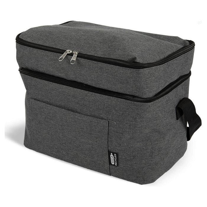 The Sunset Pour - A grey insulated cooler bag with a zippered top and a front pocket, featuring a handle for easy carrying.