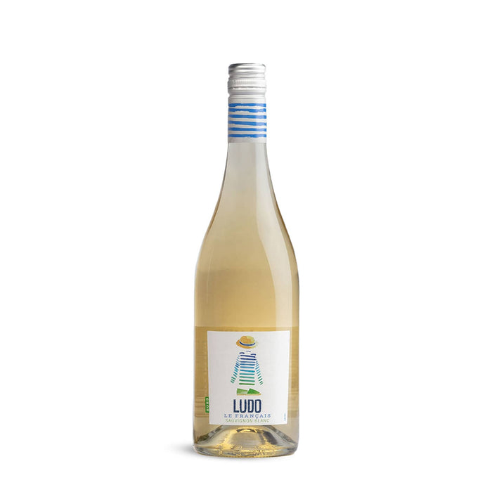 The Sunset Pour - A drink bottle with a clear liquid, featuring a white label, blue and white striped cap, and a logo.