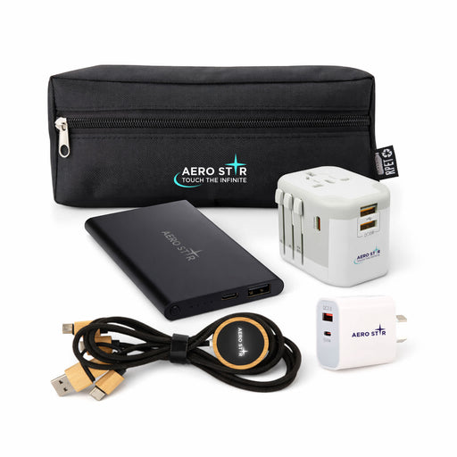 Tech Pack Executive - A black zippered pouch containing a portable charger, universal power adaptor, USB cable, and wireless charging pad.