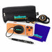 Tech Pack Essential - A black tech pack containing headphones, a smartphone, a cleaning cloth, and a pen with branding.