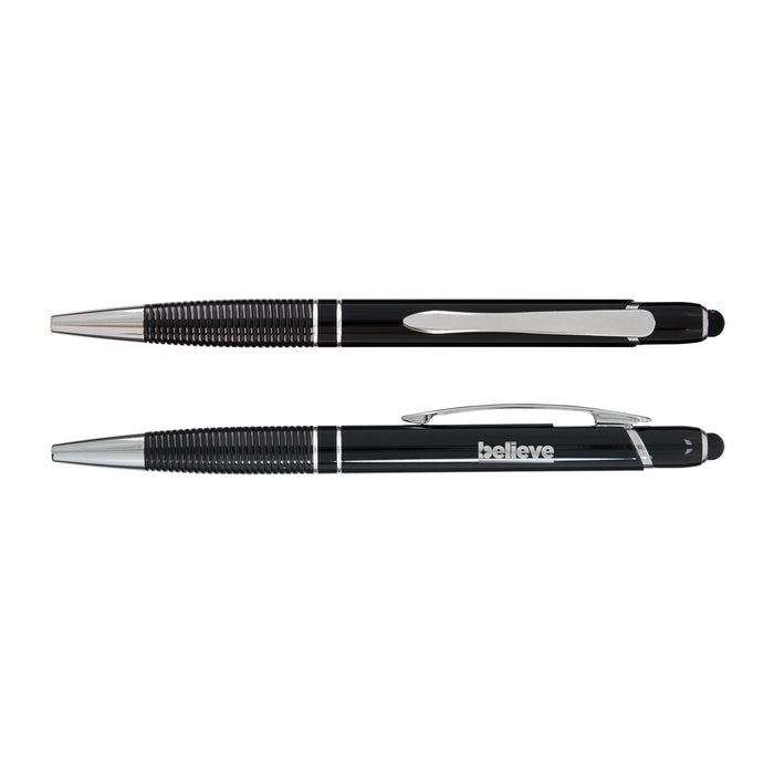 Tech Pack Essential - A black pen with chrome accents and a textured grip, featuring a stylus tip and a branding logo.