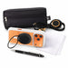 Tech Pack Essential - A black pouch contains an orange phone case, a pen, a cleaning cloth, and a coiled charging cable with a connector.