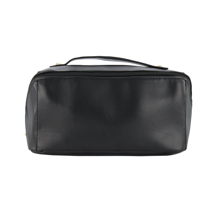 Tech Pack Travel - A black tech pack travel bag with a zip closure and a handle on top. It has a smooth, glossy finish.