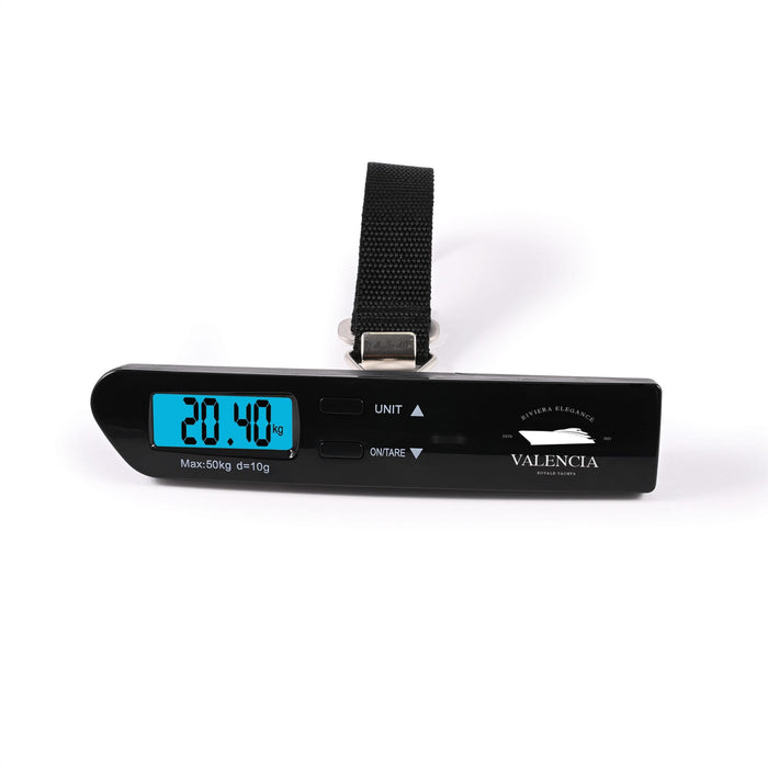 Tech Pack Travel - A black digital luggage scale with a strap, displaying a weight of 20.40 kg on a blue screen.
