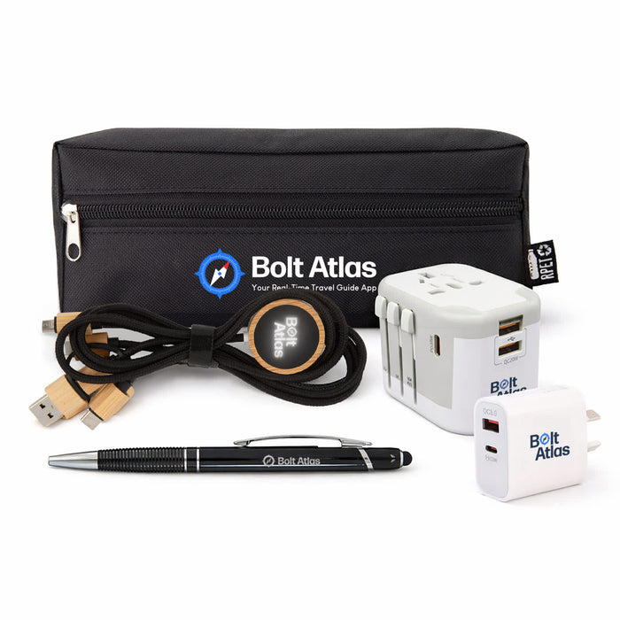 Tech Pack Power - A black zip-up pouch containing a charging cable, pen, multi-port charger, and wall adapter. The pouch features a logo.