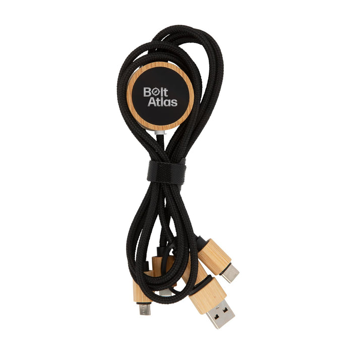 Tech Pack Power - A charging cable with multiple connectors in black and wooden accents, featuring a round logo and tied with a band.