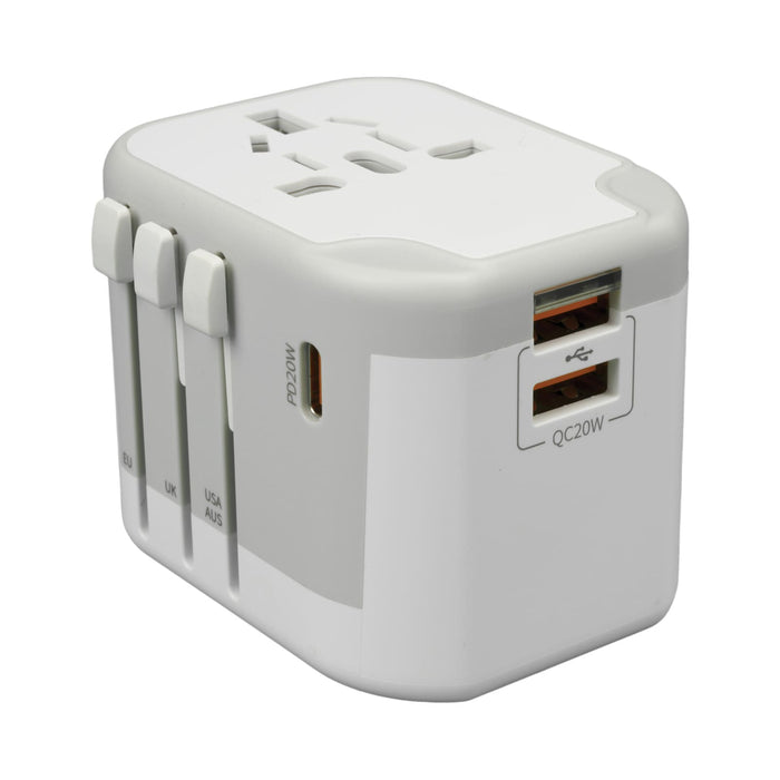 Tech Pack Power - A white travel power adapter with multiple plug options and USB ports for charging devices.