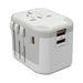 Tech Pack Power - A white travel power adapter with multiple plug options and USB ports for charging devices.