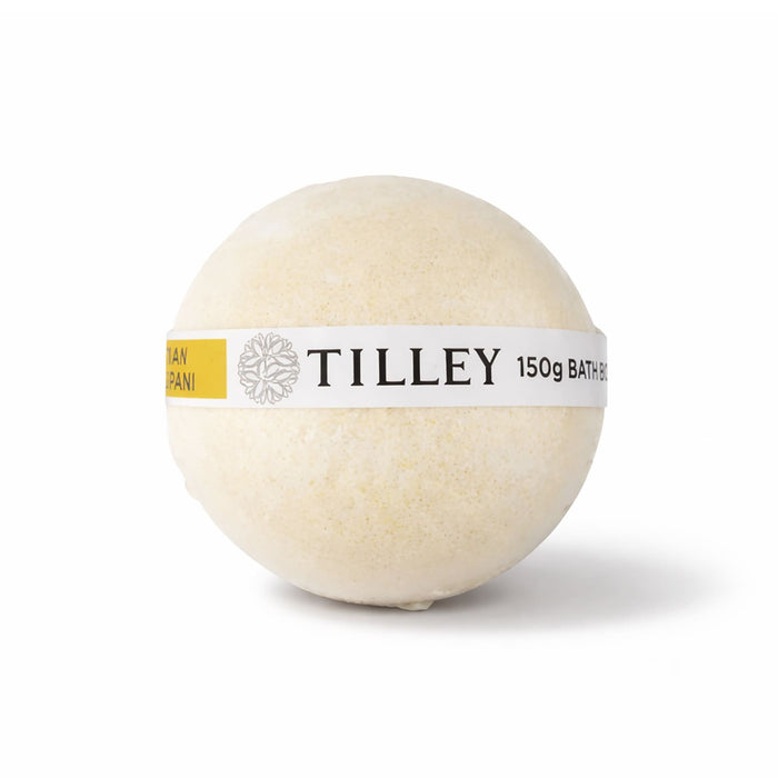 The Mindful Moment - A bath bomb in a round shape, cream-coloured with a yellow label featuring branding.